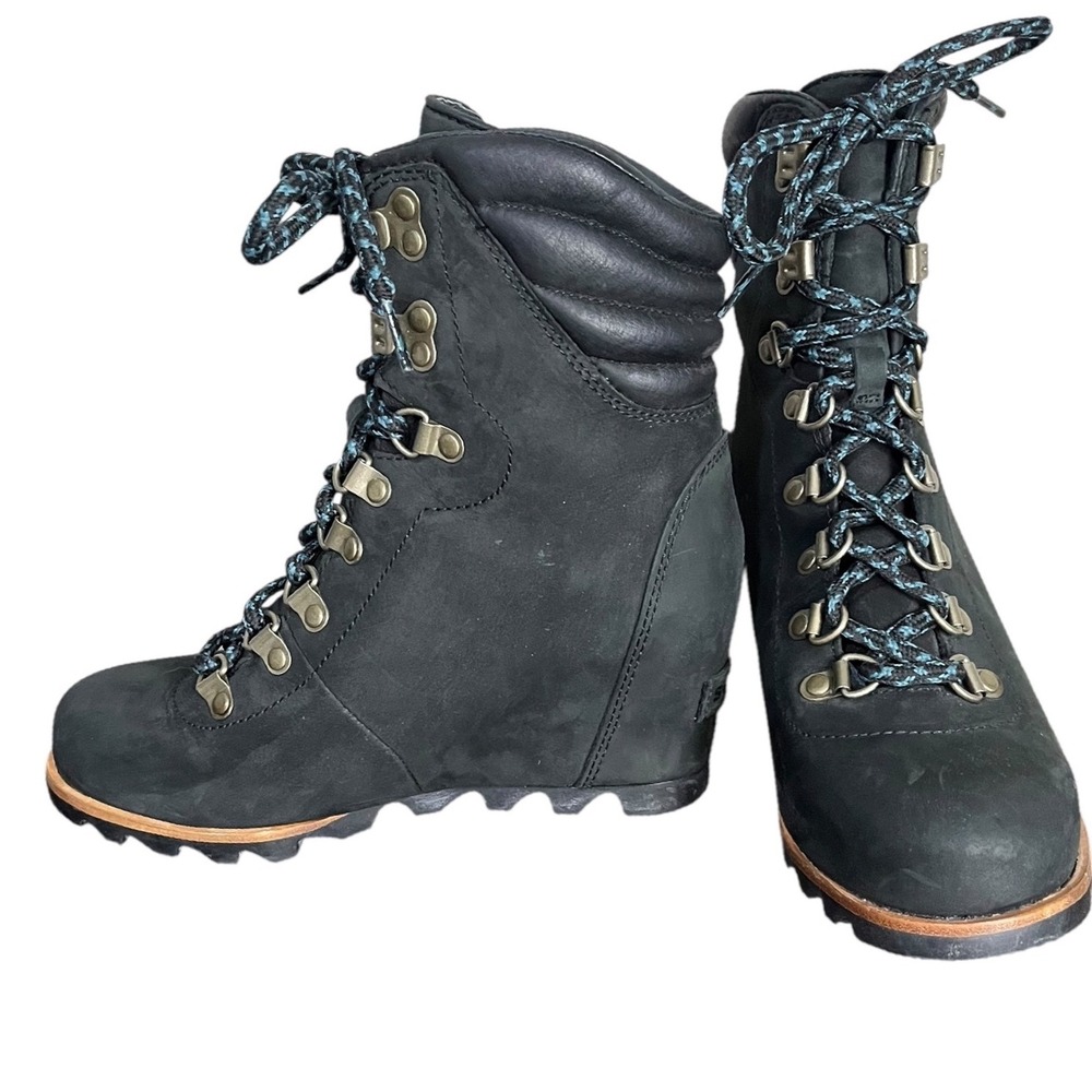 Sorel Conquest Waterproof Wedge Boots Leather Women's Black - DarkGray Size 7 - Picture 2 of 9